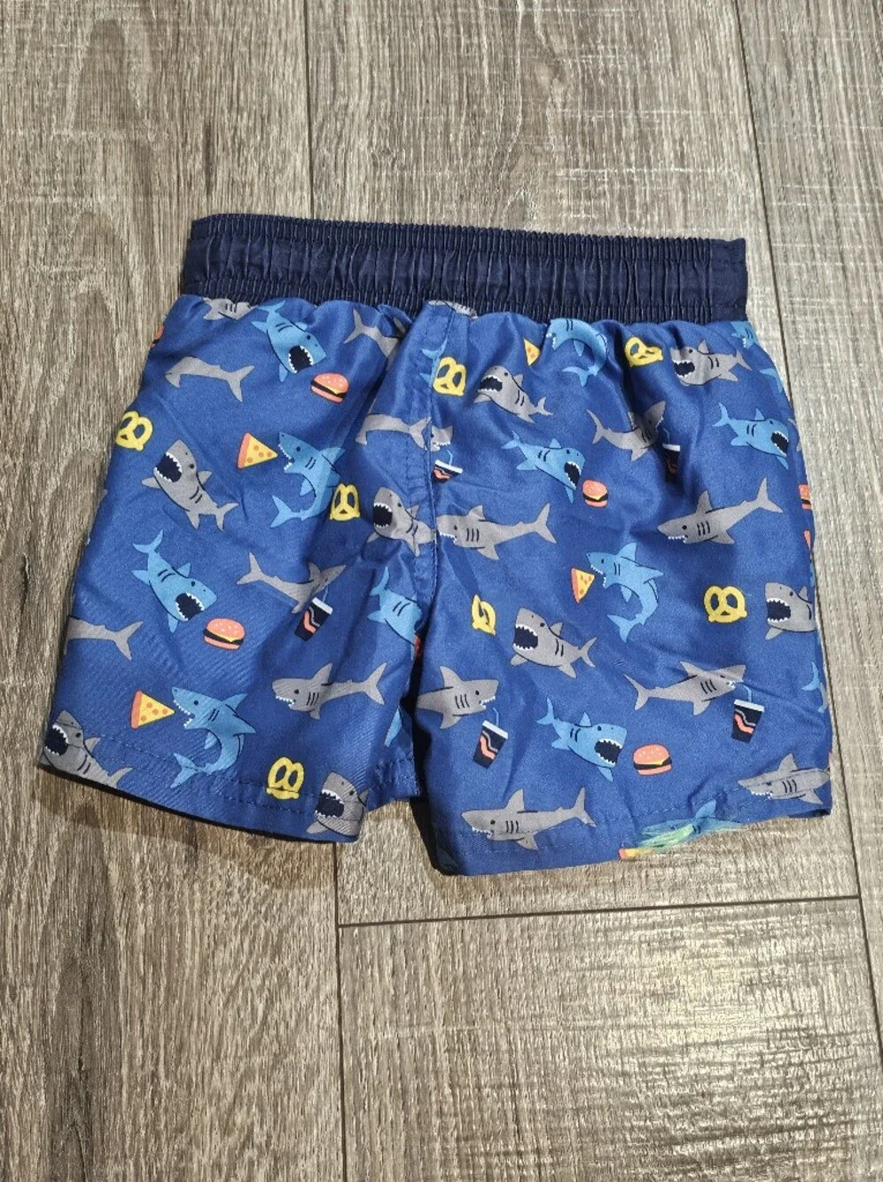 Baby Swim Trunks Size 18 M Blue Shark & Snack Swim Trunks with Navy Waistband